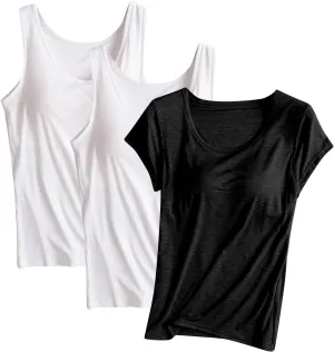 3 Pack Women Lounge Tank Tops with Built in Bra, Comfort Active Yoga Vest Soft Workout Sleeveless Shirt Sports Tanks