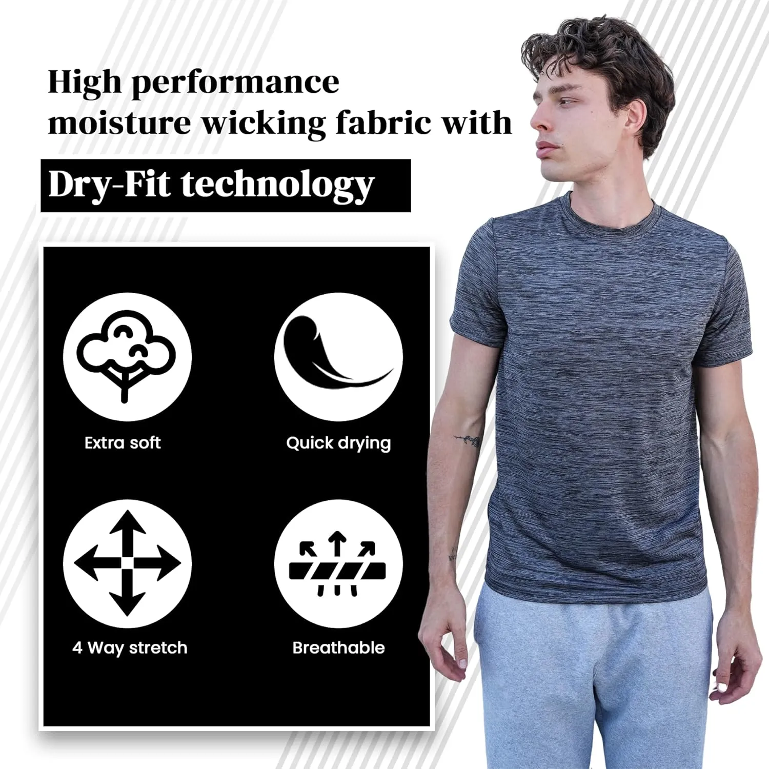 [5 Pack] Men’s Workout Short Sleeve Dry Fit T Shirts Quick Dry Active Athletic Crewneck Running Gym Moisture Wicking Tee Tops