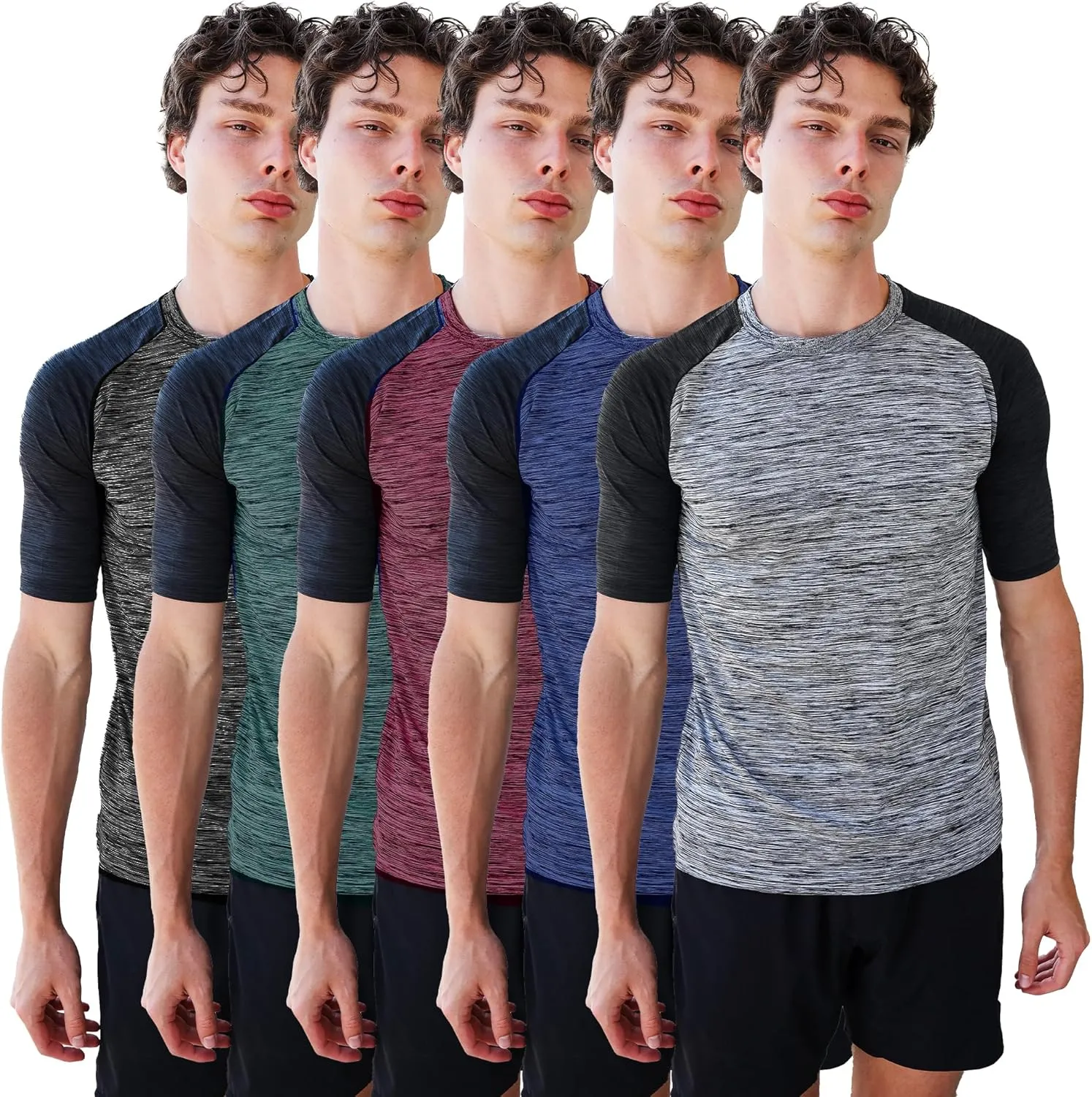 [5 Pack] Men’s Workout Short Sleeve Dry Fit T Shirts Quick Dry Active Athletic Crewneck Running Gym Moisture Wicking Tee Tops