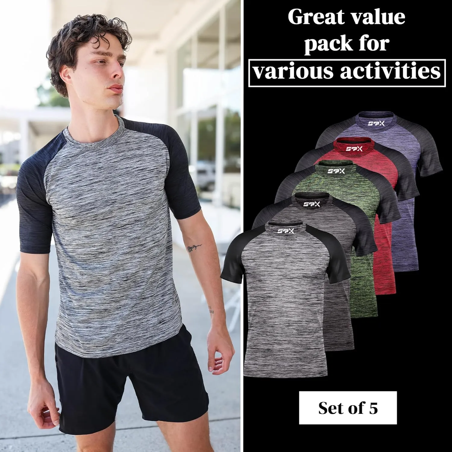 [5 Pack] Men’s Workout Short Sleeve Dry Fit T Shirts Quick Dry Active Athletic Crewneck Running Gym Moisture Wicking Tee Tops