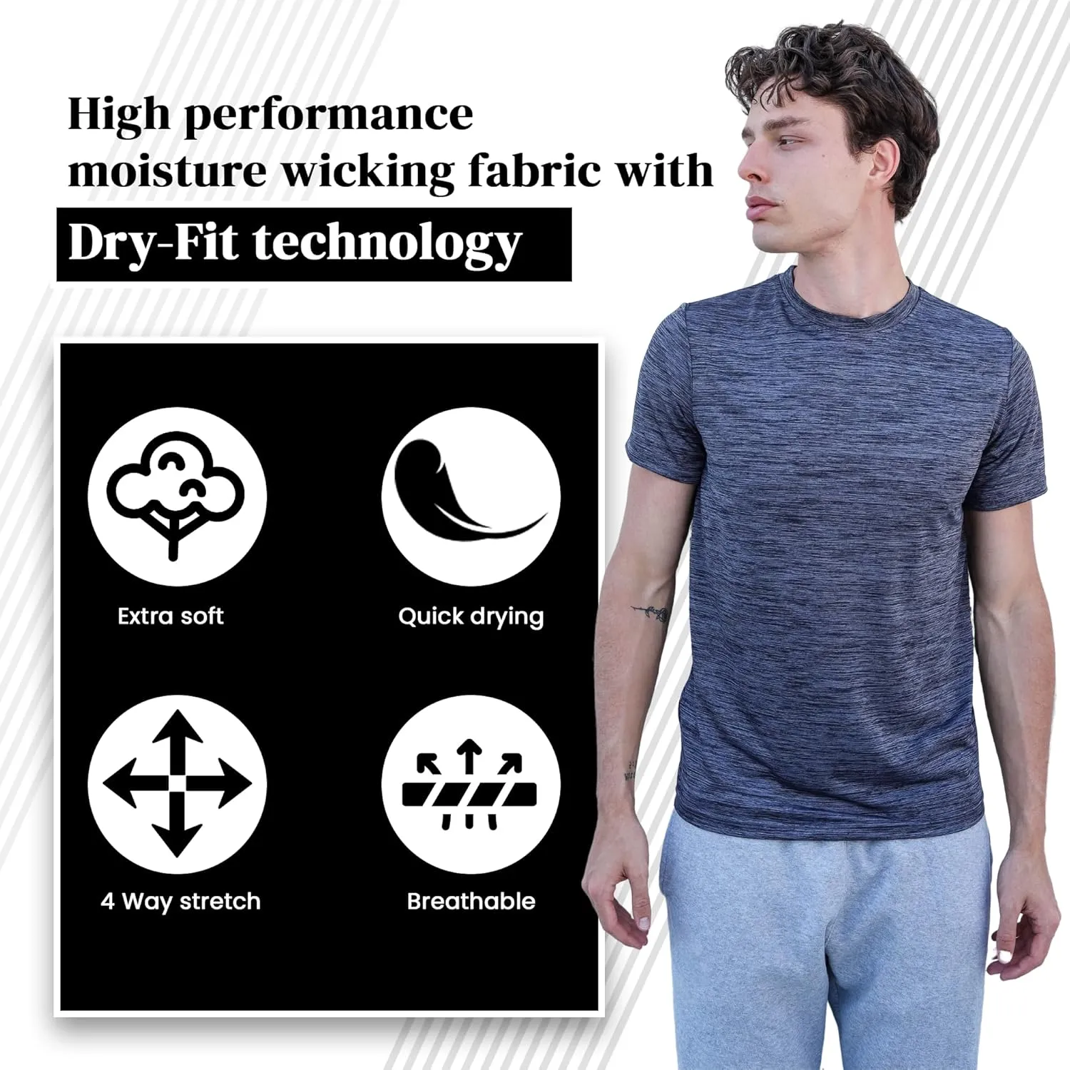 [5 Pack] Men’s Workout Short Sleeve Dry Fit T Shirts Quick Dry Active Athletic Crewneck Running Gym Moisture Wicking Tee Tops