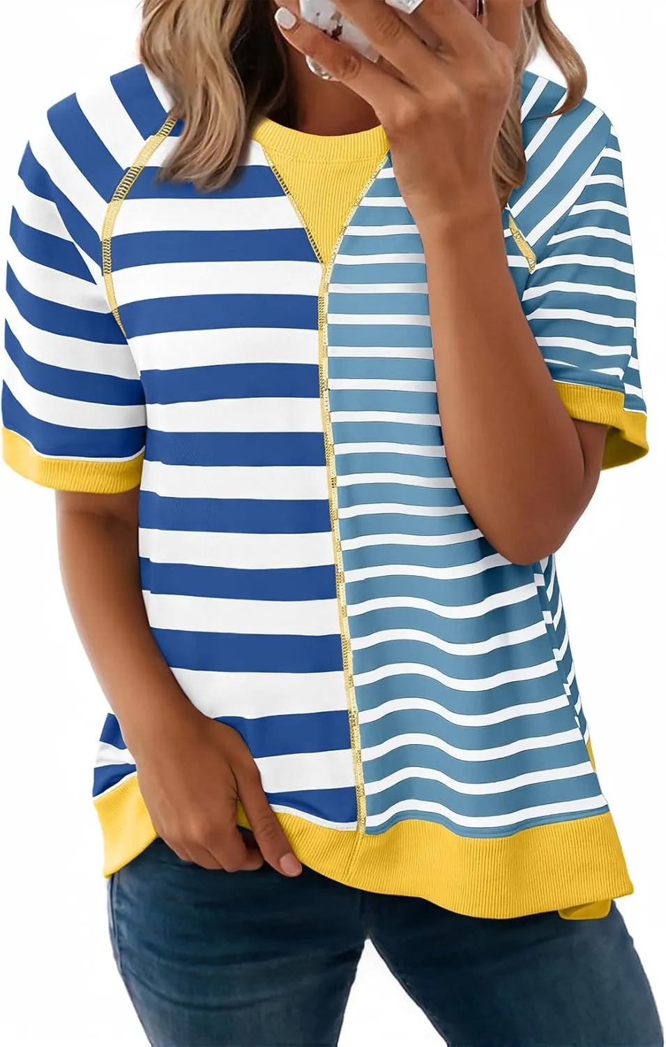 Acelitt Womens Casual Summer Short Sleeve Crewneck Color Block Sweatshirts T-Shirts Tops, S-XXL