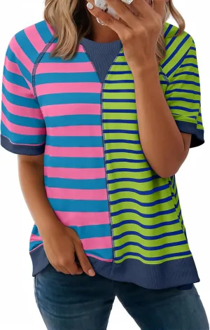 Acelitt Womens Casual Summer Short Sleeve Crewneck Color Block Sweatshirts T-Shirts Tops, S-XXL