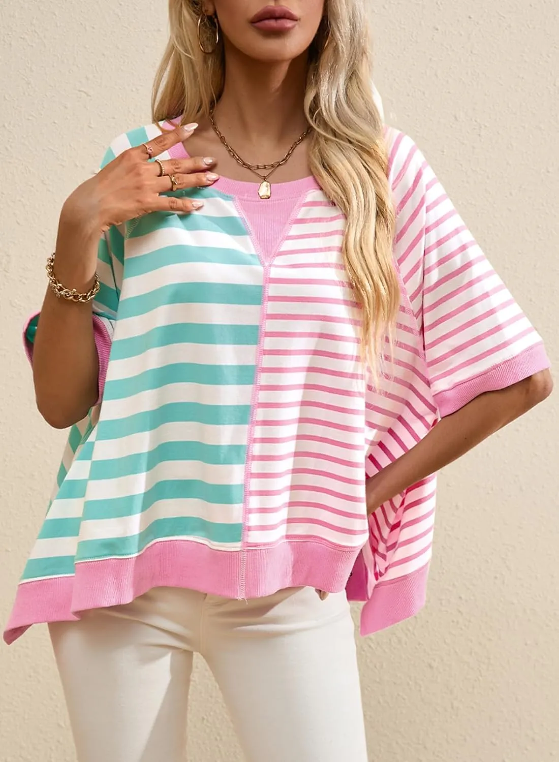 Acelitt Womens Casual Summer Short Sleeve Crewneck Color Block Sweatshirts T-Shirts Tops, S-XXL