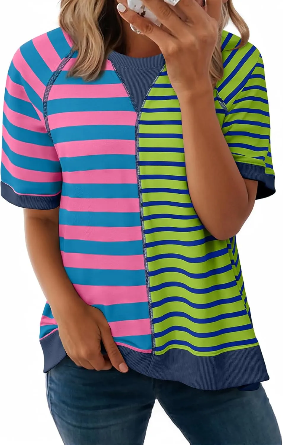 Acelitt Womens Casual Summer Short Sleeve Crewneck Color Block Sweatshirts T-Shirts Tops, S-XXL