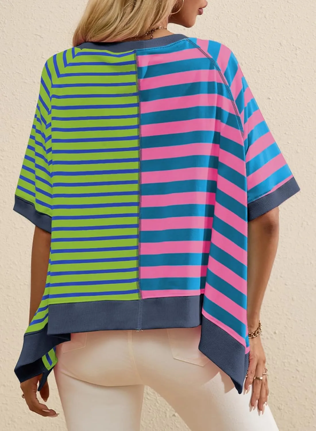 Acelitt Womens Casual Summer Short Sleeve Crewneck Color Block Sweatshirts T-Shirts Tops, S-XXL