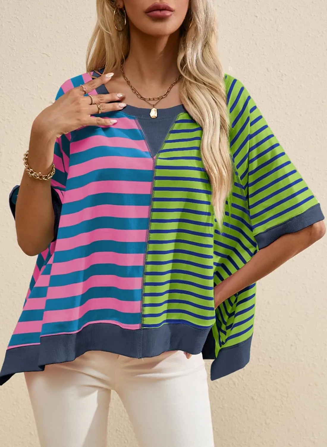 Acelitt Womens Casual Summer Short Sleeve Crewneck Color Block Sweatshirts T-Shirts Tops, S-XXL