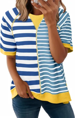 Acelitt Womens Casual Summer Short Sleeve Crewneck Color Block Sweatshirts T-Shirts Tops, S-XXL