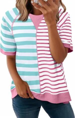 Acelitt Womens Casual Summer Short Sleeve Crewneck Color Block Sweatshirts T-Shirts Tops, S-XXL