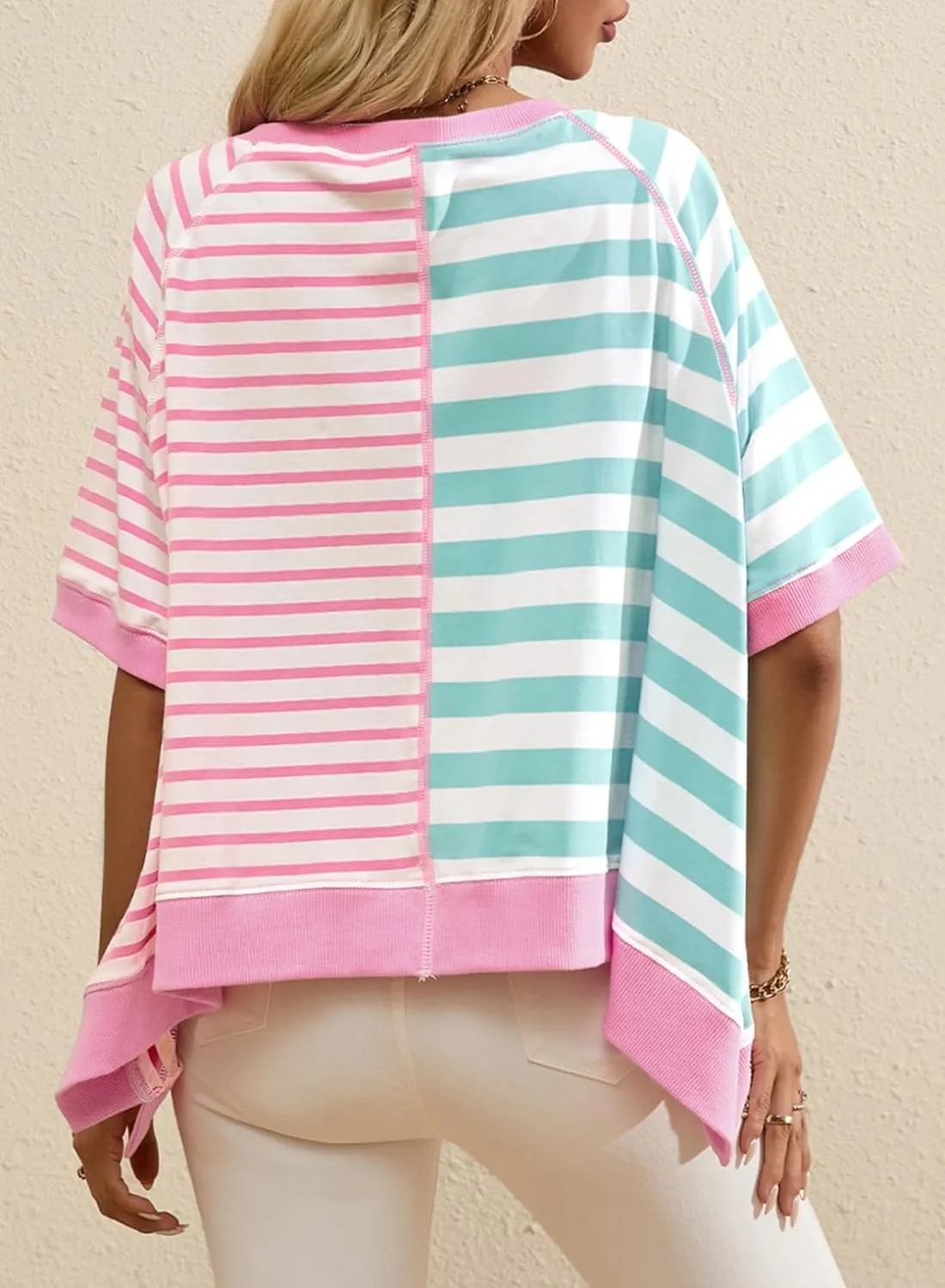 Acelitt Womens Casual Summer Short Sleeve Crewneck Color Block Sweatshirts T-Shirts Tops, S-XXL