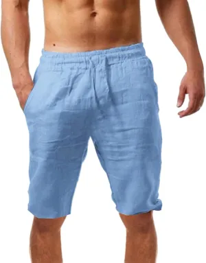 aihihe Men's Linen Bermuda Shorts Elastic Waist Drawstring Casual Summer Shorts Lighweight Loose Fit Beach Short Pants