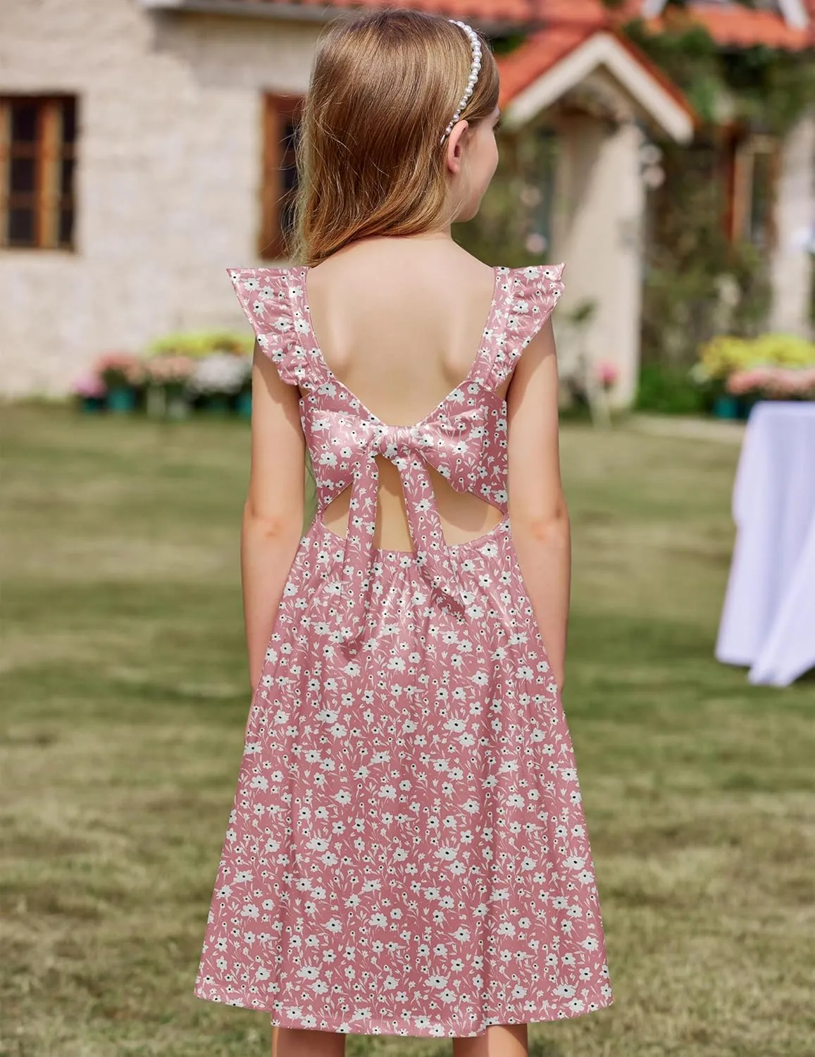 Arshiner Girls Summer Dresses Square Neck Ruffle Sleeve Tie Back A-Line Swing Casual Midi Dress with Pockets