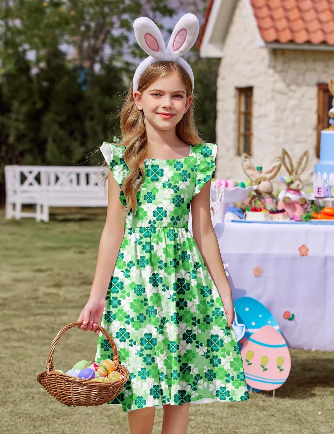Arshiner Girls Summer Dresses Square Neck Ruffle Sleeve Tie Back A-Line Swing Casual Midi Dress with Pockets