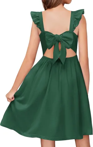 Arshiner Girls Summer Dresses Square Neck Ruffle Sleeve Tie Back A-Line Swing Casual Midi Dress with Pockets