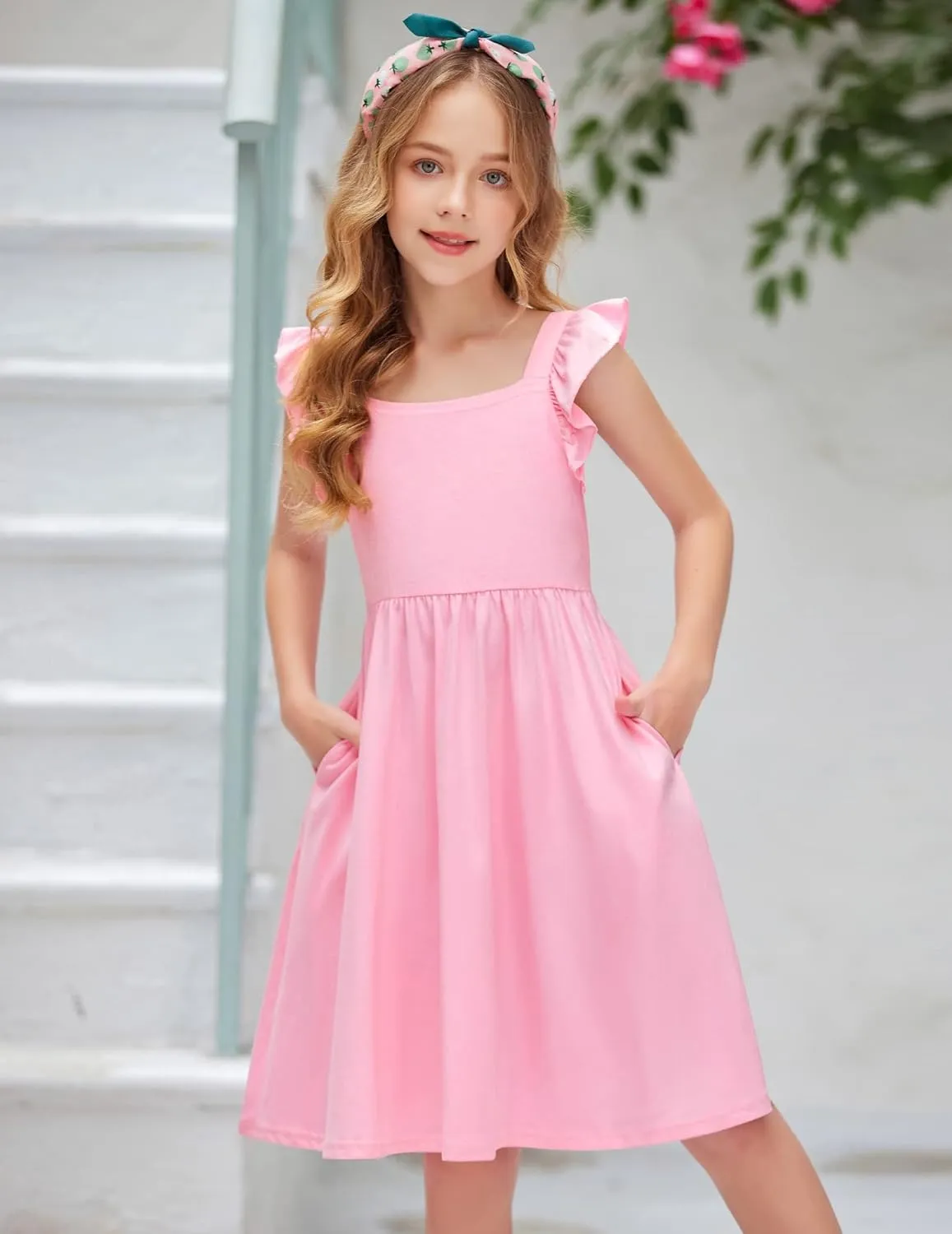 Arshiner Girls Summer Dresses Square Neck Ruffle Sleeve Tie Back A-Line Swing Casual Midi Dress with Pockets