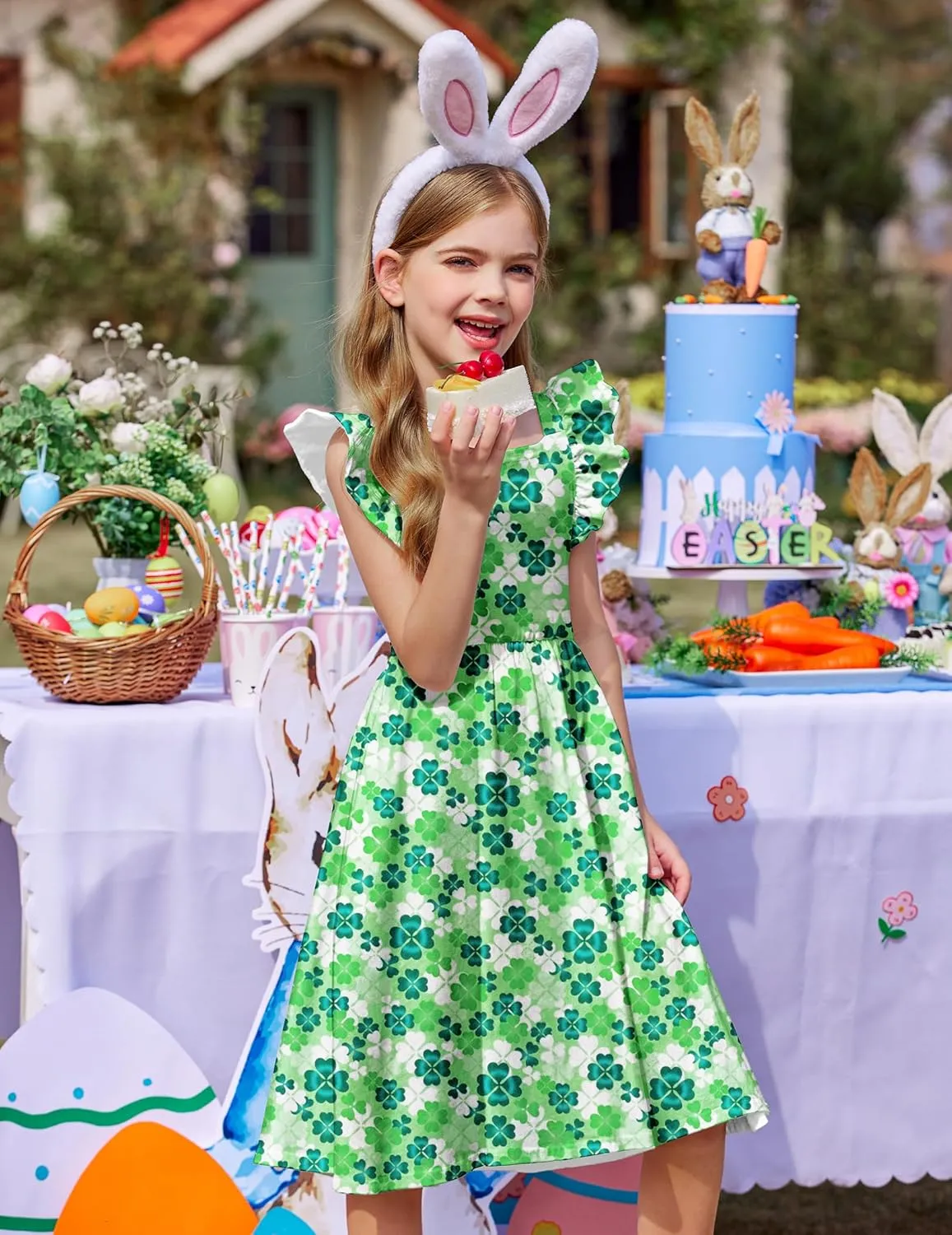 Arshiner Girls Summer Dresses Square Neck Ruffle Sleeve Tie Back A-Line Swing Casual Midi Dress with Pockets