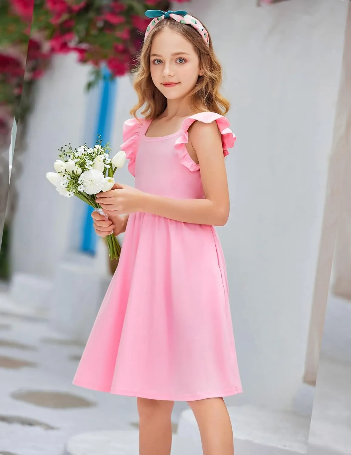 Arshiner Girls Summer Dresses Square Neck Ruffle Sleeve Tie Back A-Line Swing Casual Midi Dress with Pockets