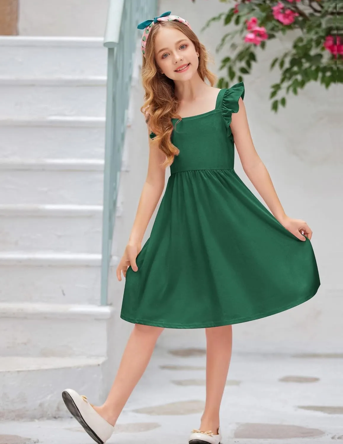 Arshiner Girls Summer Dresses Square Neck Ruffle Sleeve Tie Back A-Line Swing Casual Midi Dress with Pockets