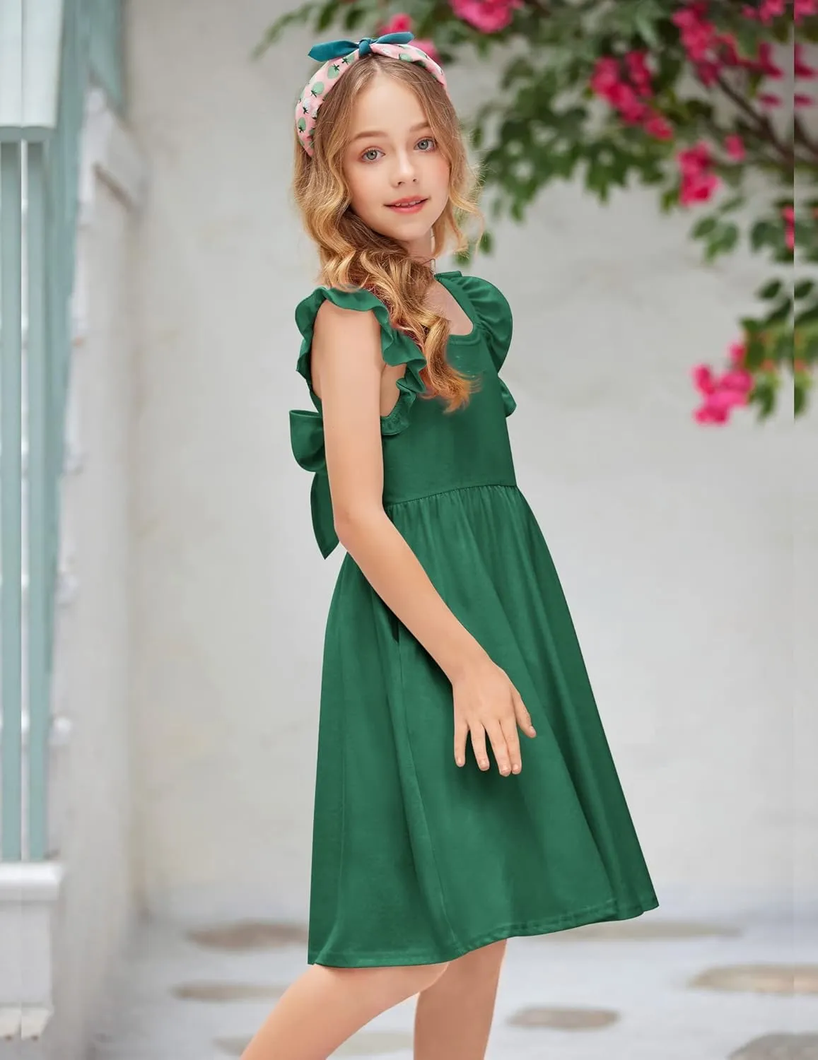 Arshiner Girls Summer Dresses Square Neck Ruffle Sleeve Tie Back A-Line Swing Casual Midi Dress with Pockets
