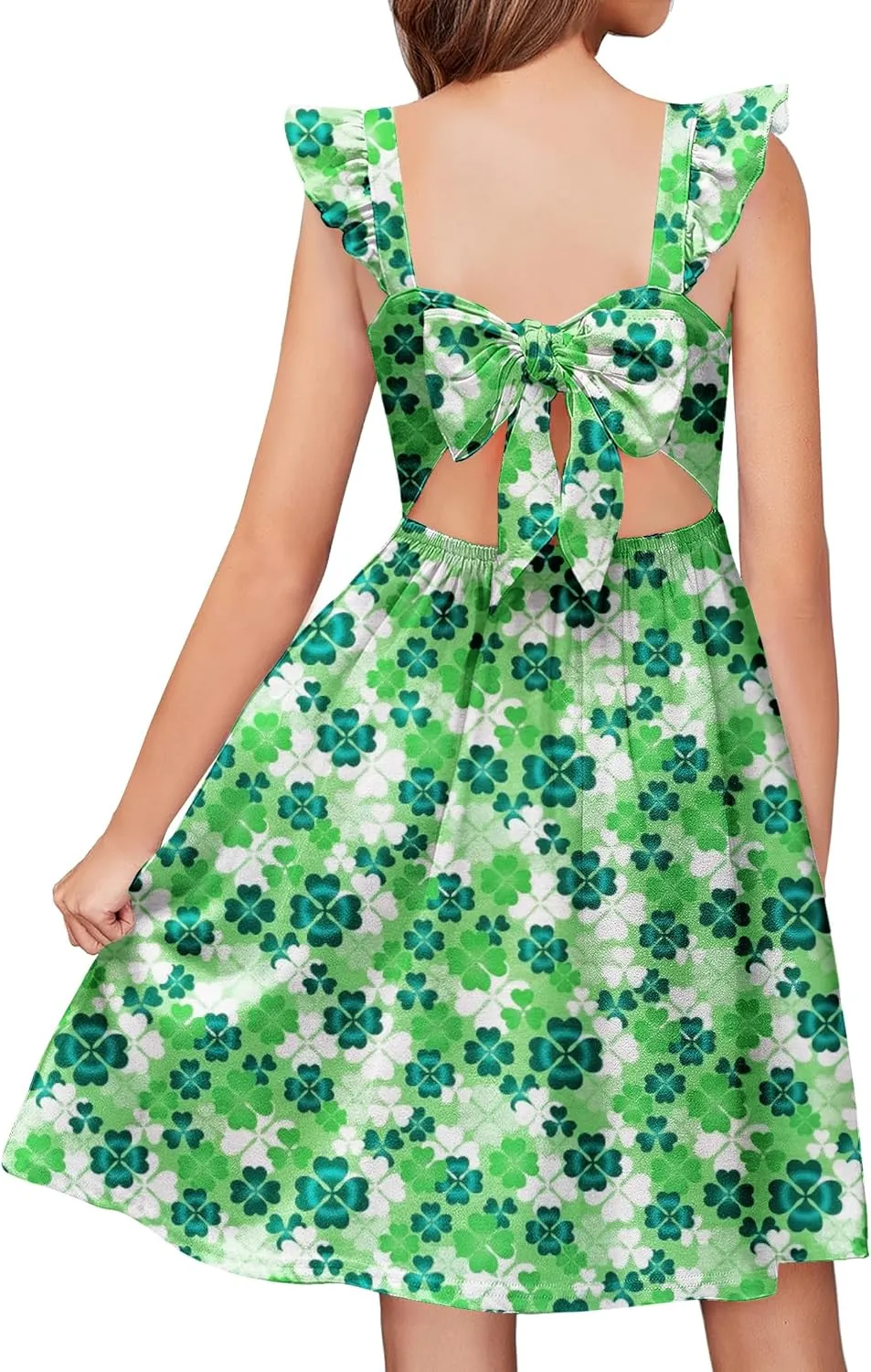 Arshiner Girls Summer Dresses Square Neck Ruffle Sleeve Tie Back A-Line Swing Casual Midi Dress with Pockets
