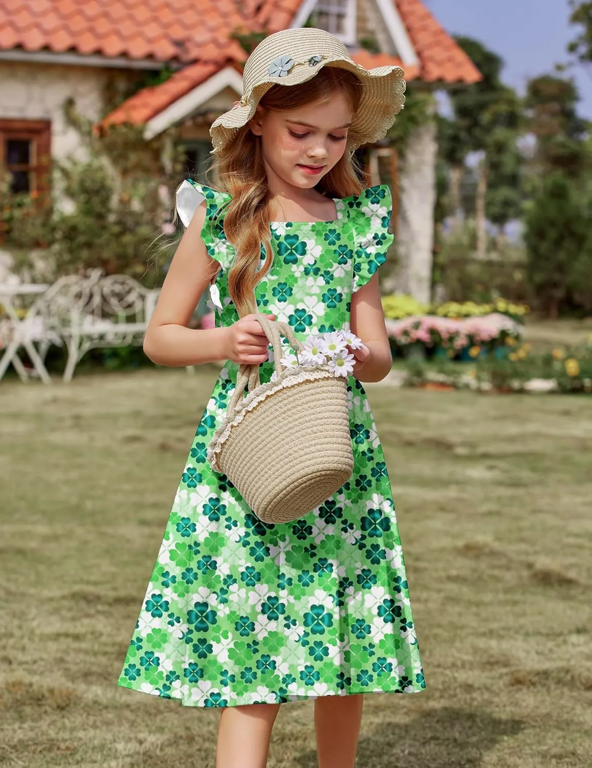 Arshiner Girls Summer Dresses Square Neck Ruffle Sleeve Tie Back A-Line Swing Casual Midi Dress with Pockets