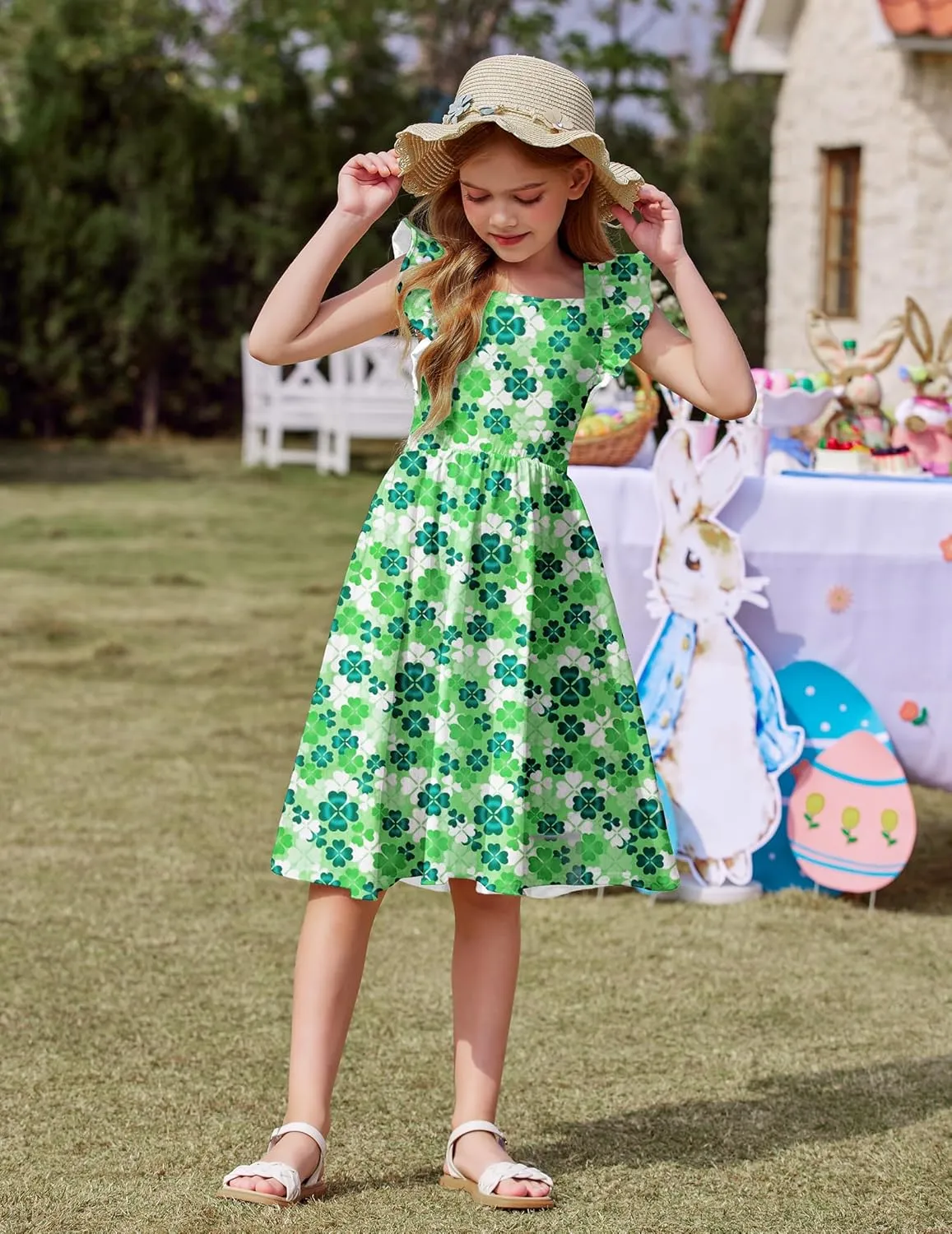 Arshiner Girls Summer Dresses Square Neck Ruffle Sleeve Tie Back A-Line Swing Casual Midi Dress with Pockets