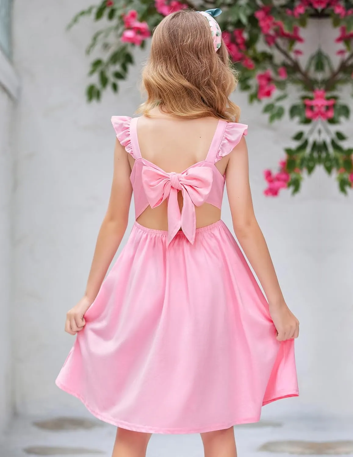 Arshiner Girls Summer Dresses Square Neck Ruffle Sleeve Tie Back A-Line Swing Casual Midi Dress with Pockets