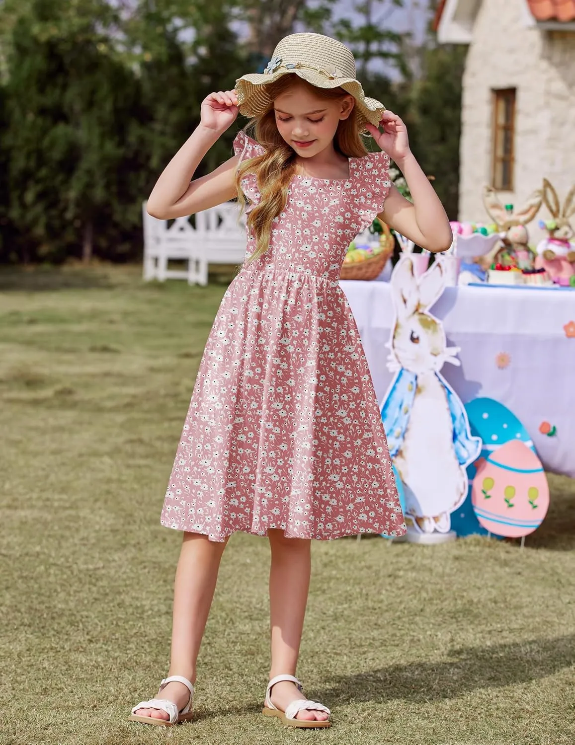 Arshiner Girls Summer Dresses Square Neck Ruffle Sleeve Tie Back A-Line Swing Casual Midi Dress with Pockets