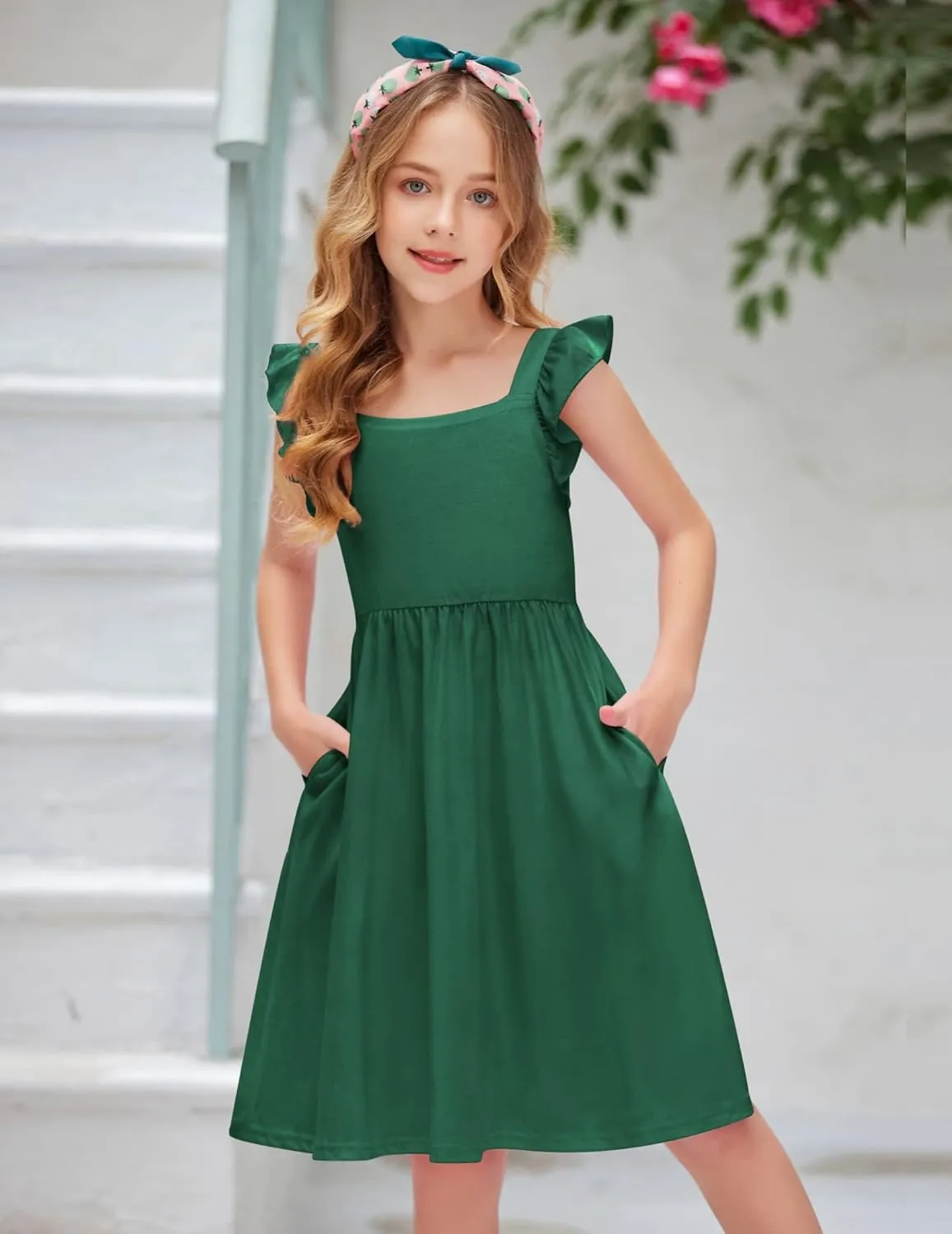 Arshiner Girls Summer Dresses Square Neck Ruffle Sleeve Tie Back A-Line Swing Casual Midi Dress with Pockets
