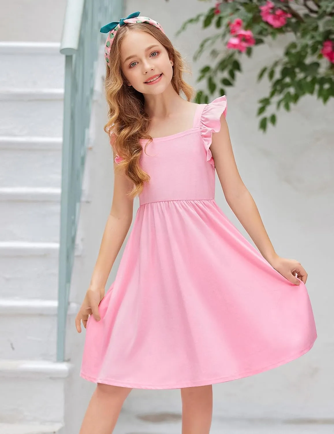 Arshiner Girls Summer Dresses Square Neck Ruffle Sleeve Tie Back A-Line Swing Casual Midi Dress with Pockets