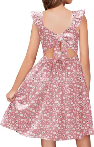 Arshiner Girls Summer Dresses Square Neck Ruffle Sleeve Tie Back A-Line Swing Casual Midi Dress with Pockets