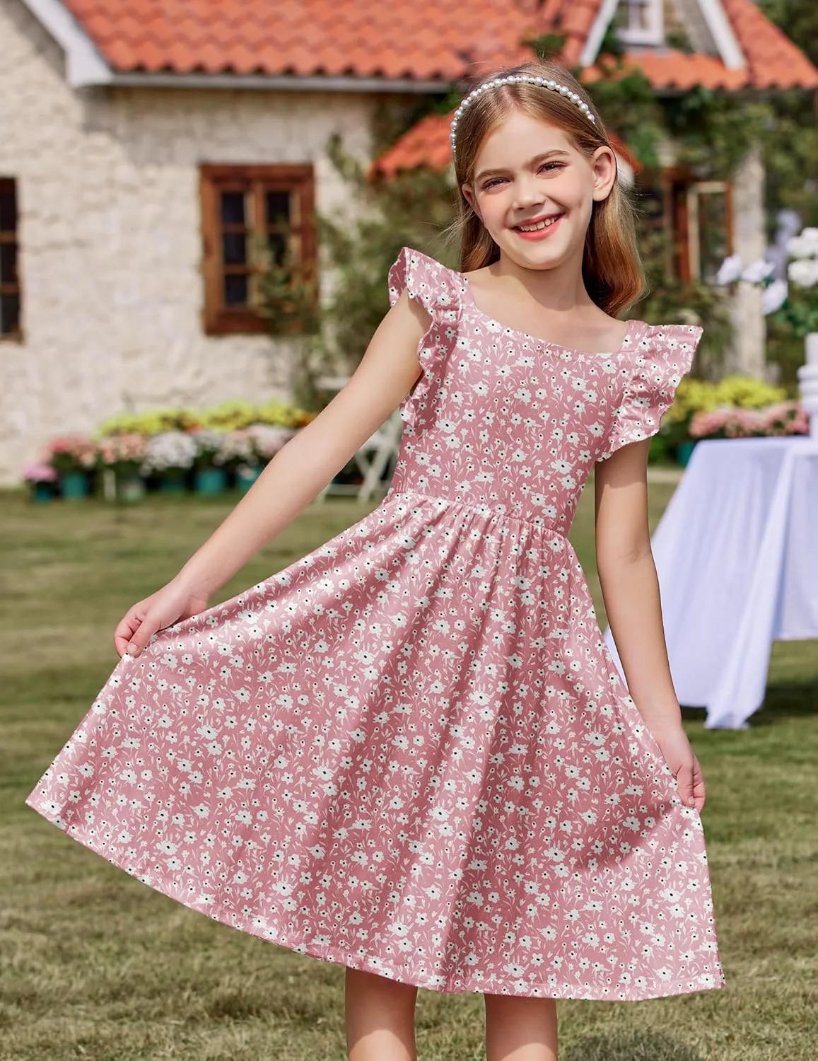 Arshiner Girls Summer Dresses Square Neck Ruffle Sleeve Tie Back A-Line Swing Casual Midi Dress with Pockets