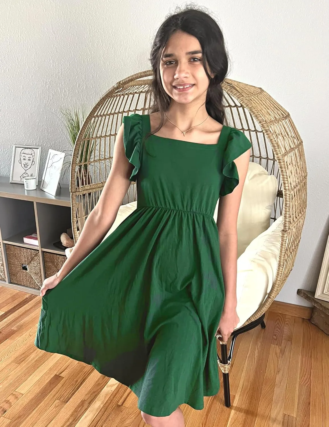 Arshiner Girls Summer Dresses Square Neck Ruffle Sleeve Tie Back A-Line Swing Casual Midi Dress with Pockets