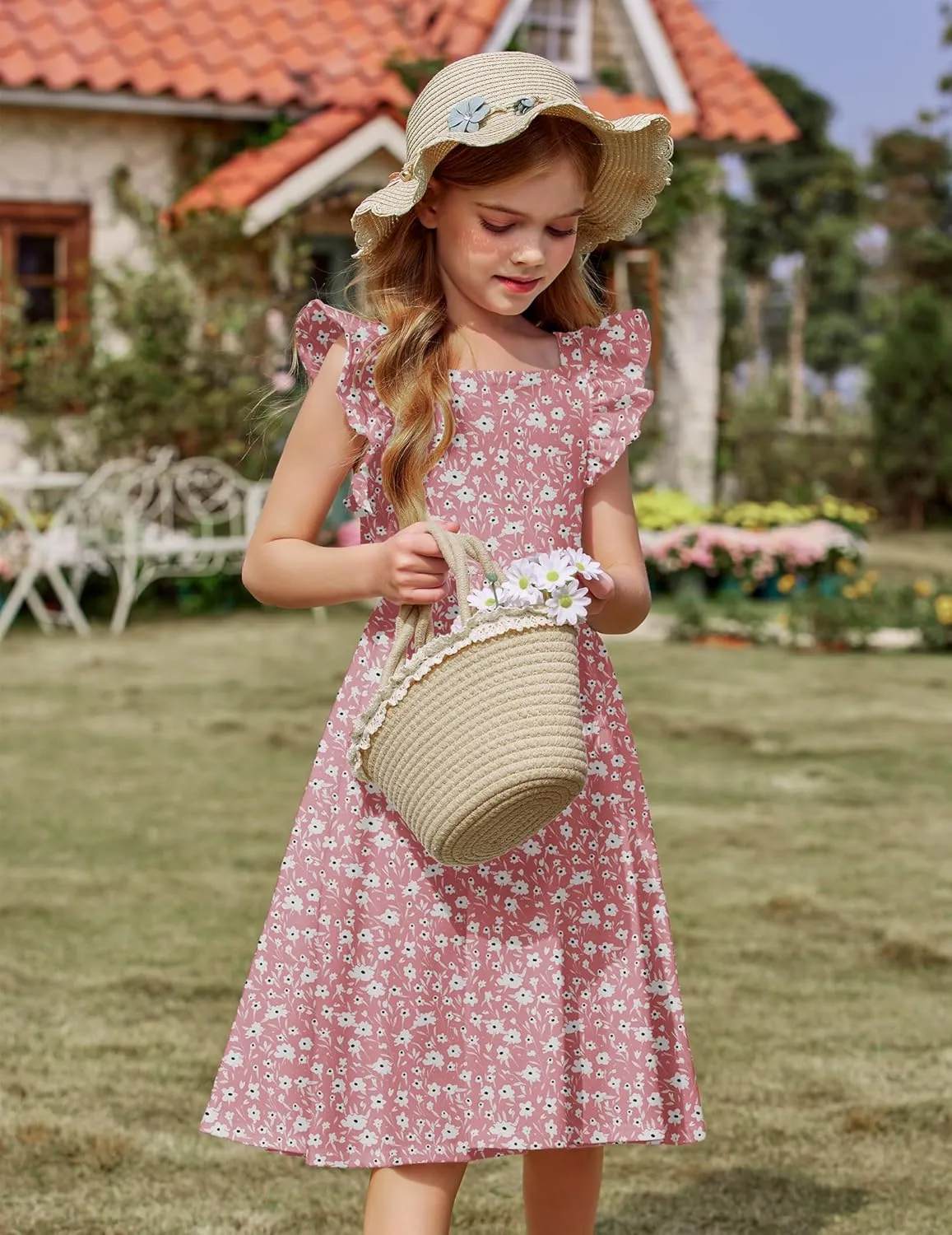 Arshiner Girls Summer Dresses Square Neck Ruffle Sleeve Tie Back A-Line Swing Casual Midi Dress with Pockets