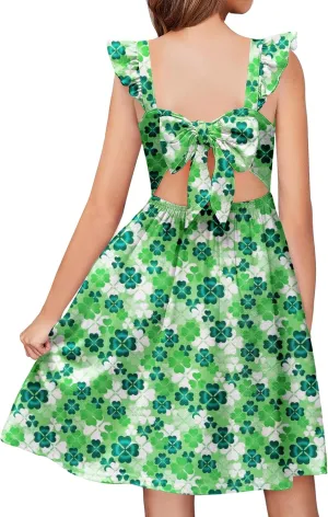 Arshiner Girls Summer Dresses Square Neck Ruffle Sleeve Tie Back A-Line Swing Casual Midi Dress with Pockets