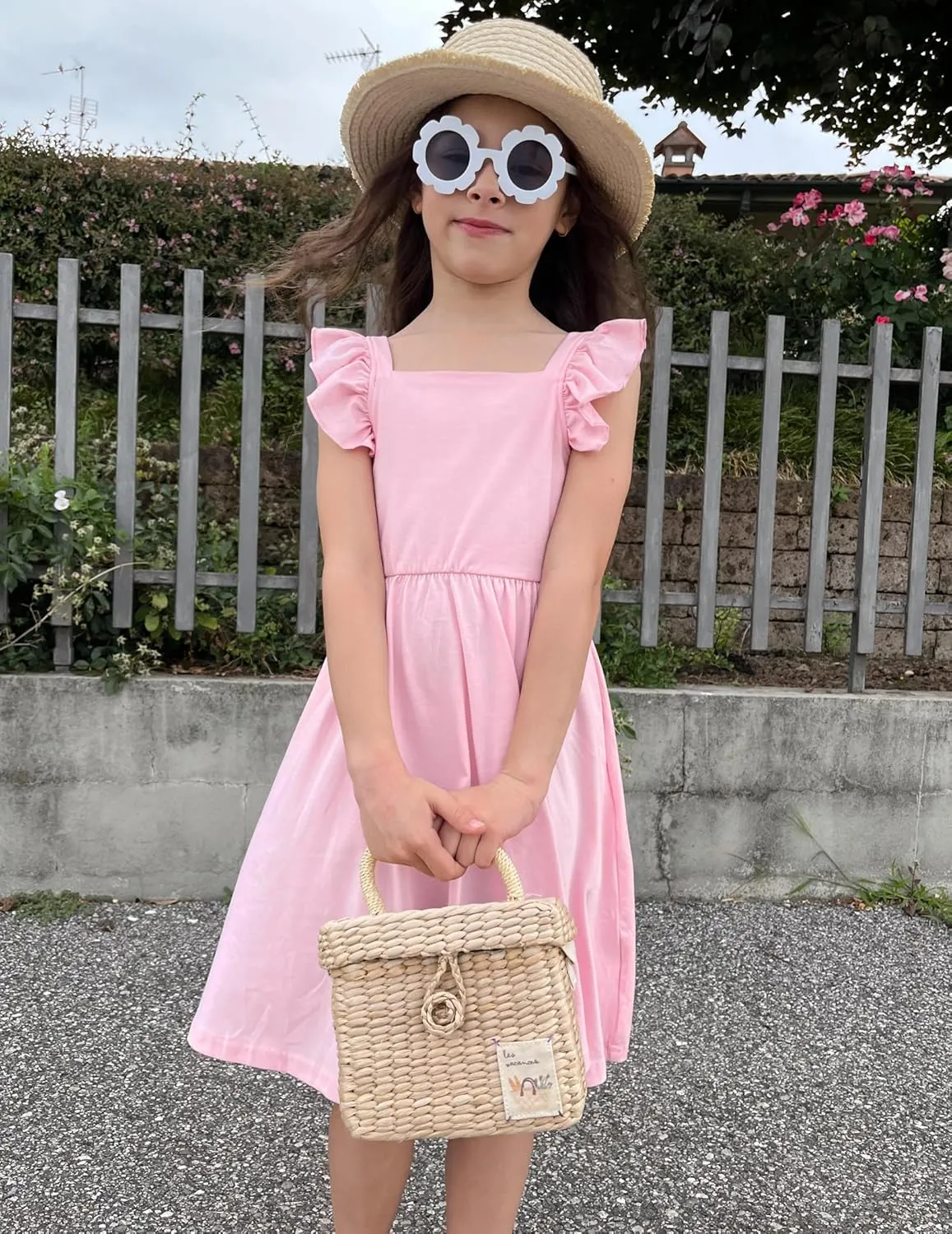 Arshiner Girls Summer Dresses Square Neck Ruffle Sleeve Tie Back A-Line Swing Casual Midi Dress with Pockets