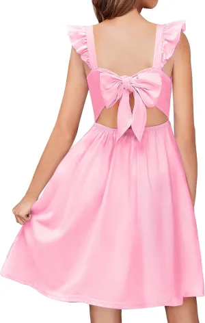 Arshiner Girls Summer Dresses Square Neck Ruffle Sleeve Tie Back A-Line Swing Casual Midi Dress with Pockets