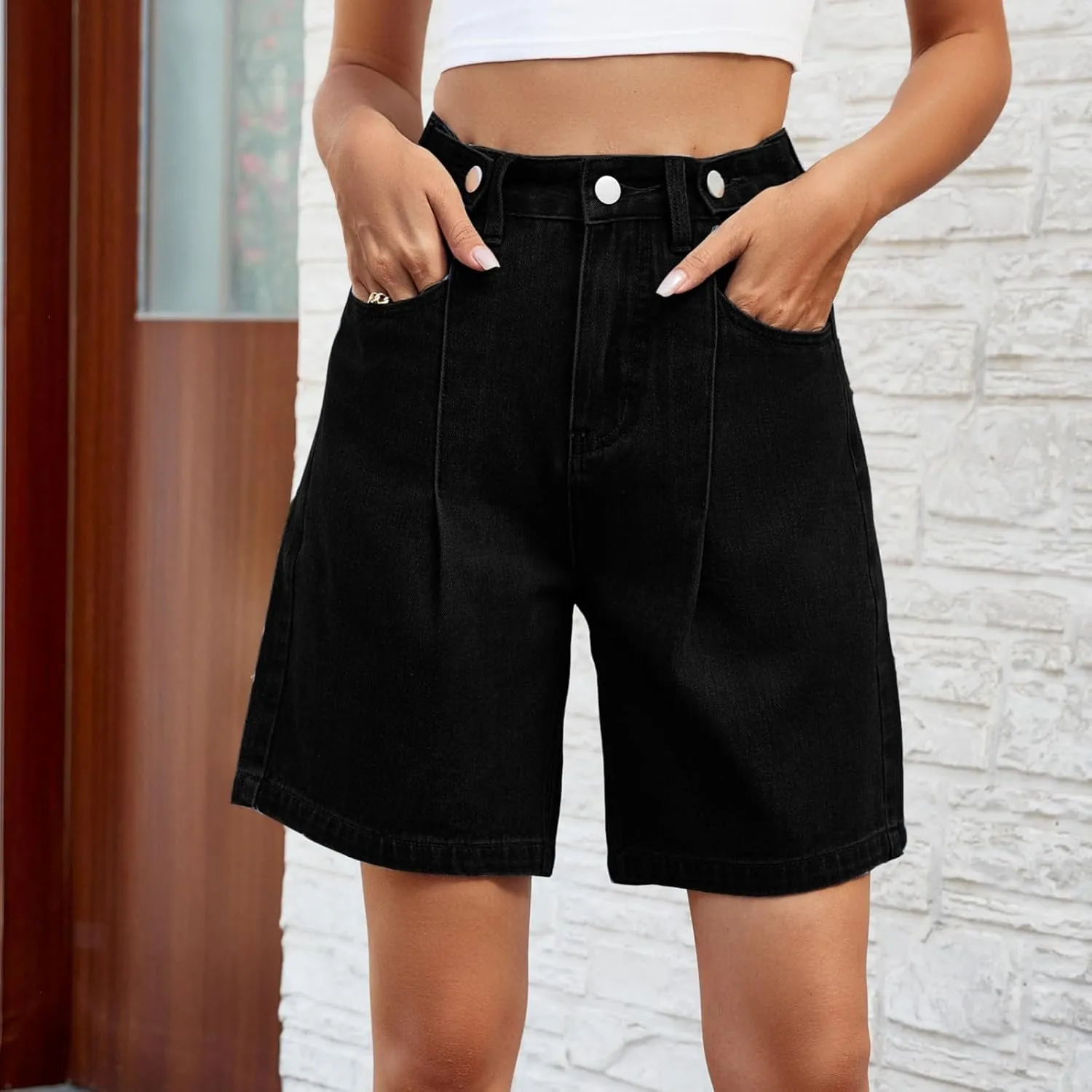Bermuda Jean Shorts for Women High Waisted Trendy Stretchy Denim Shorts Knee Length Cropped Loose Fit Long Short