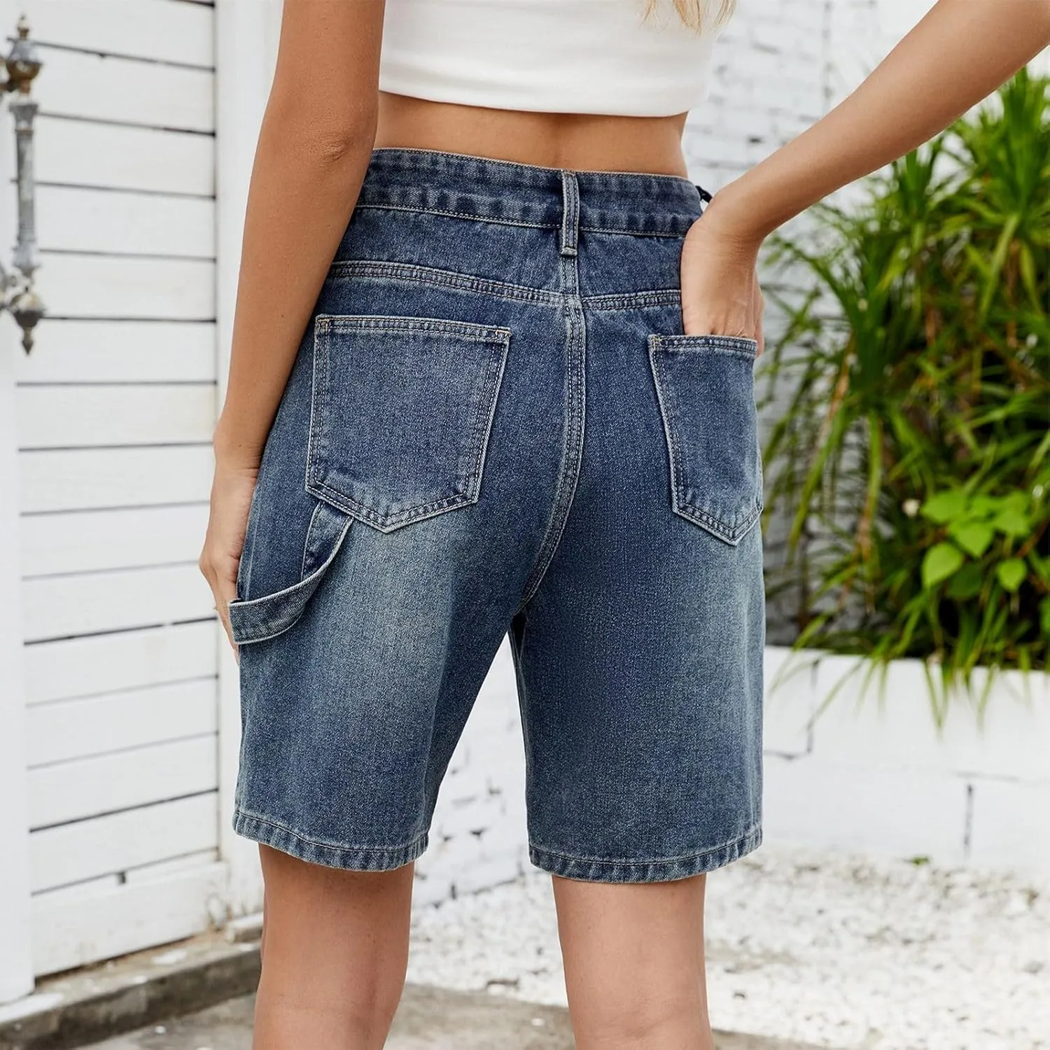 Bermuda Jean Shorts for Women High Waisted Trendy Stretchy Denim Shorts Knee Length Cropped Loose Fit Long Short