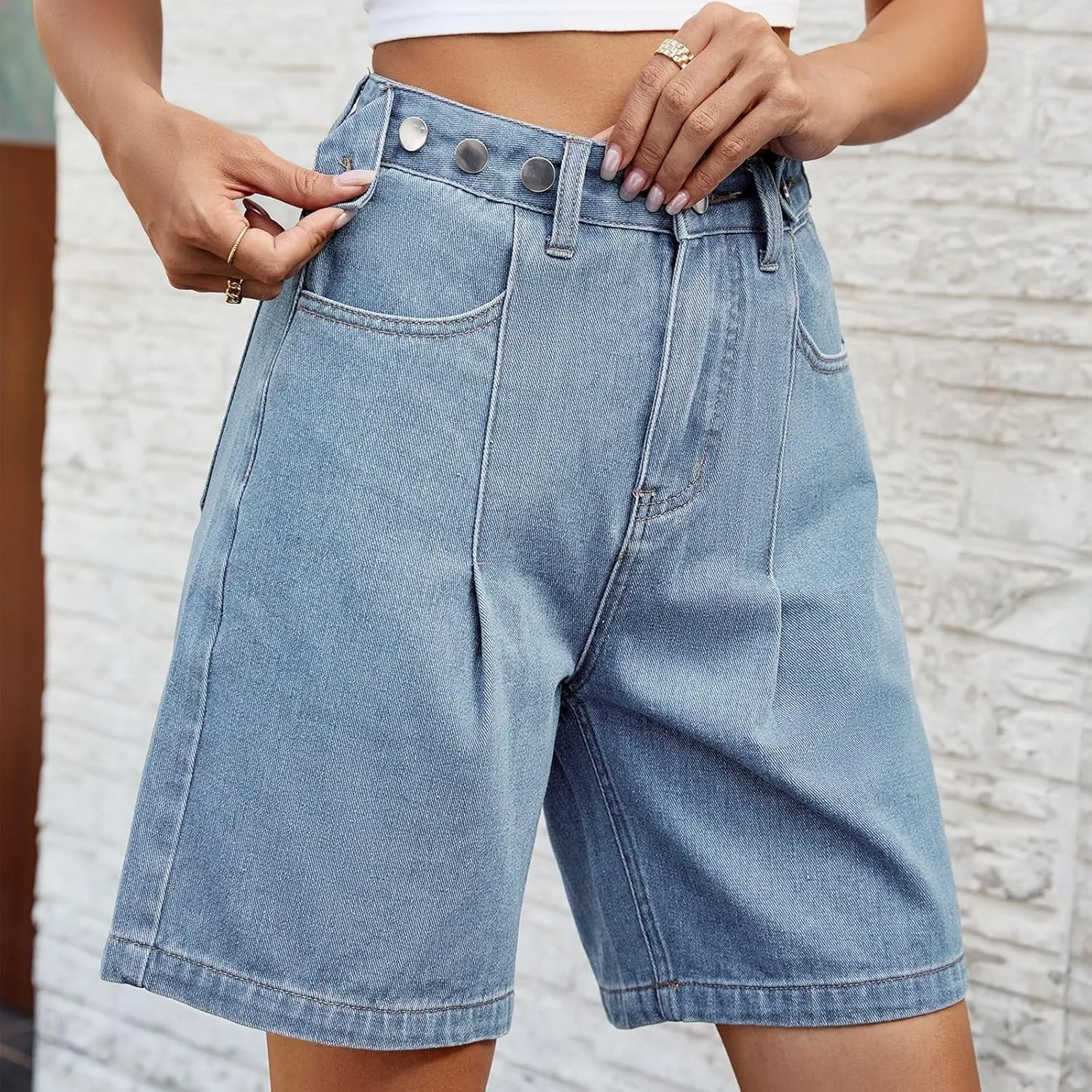 Bermuda Jean Shorts for Women High Waisted Trendy Stretchy Denim Shorts Knee Length Cropped Loose Fit Long Short