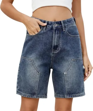 Bermuda Jean Shorts for Women High Waisted Trendy Stretchy Denim Shorts Knee Length Cropped Loose Fit Long Short