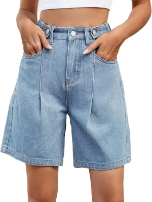 Bermuda Jean Shorts for Women High Waisted Trendy Stretchy Denim Shorts Knee Length Cropped Loose Fit Long Short