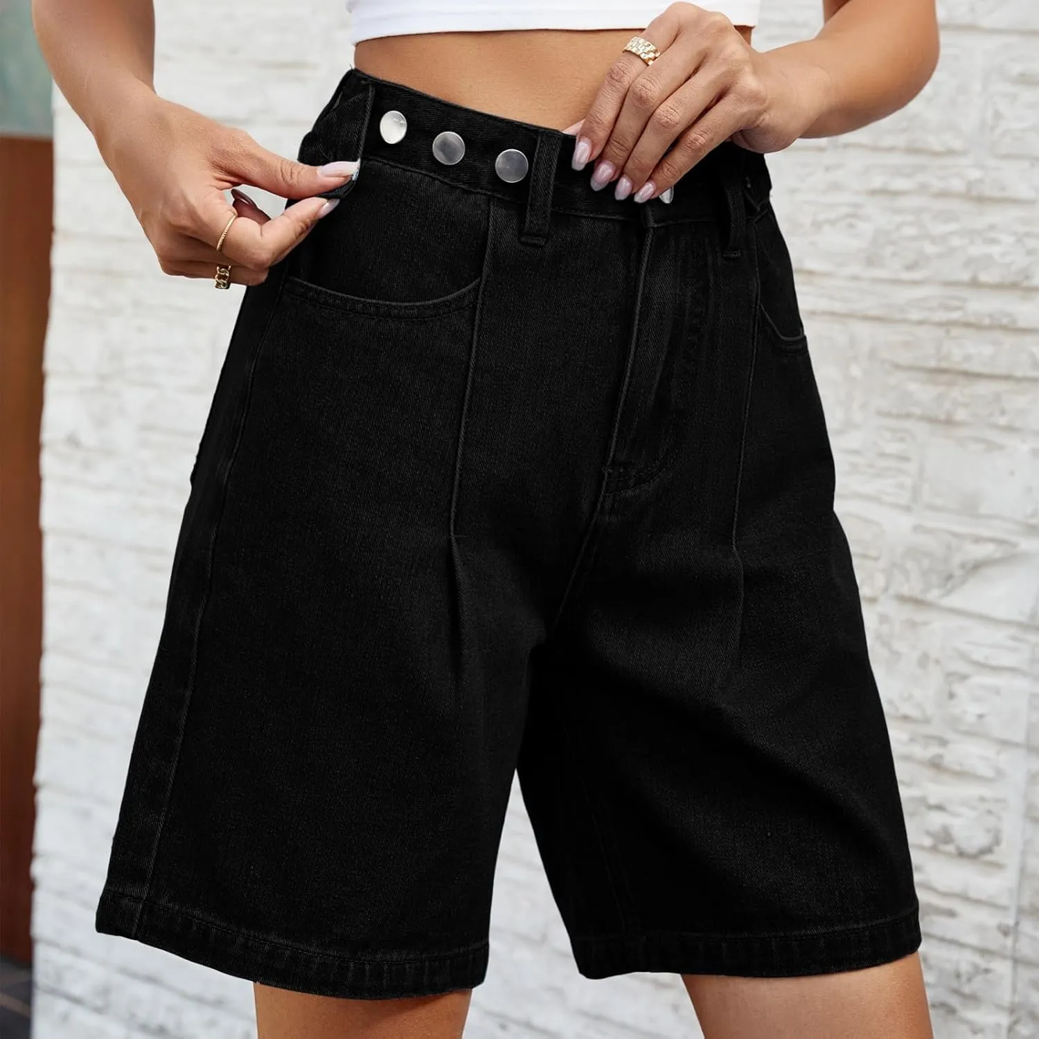 Bermuda Jean Shorts for Women High Waisted Trendy Stretchy Denim Shorts Knee Length Cropped Loose Fit Long Short