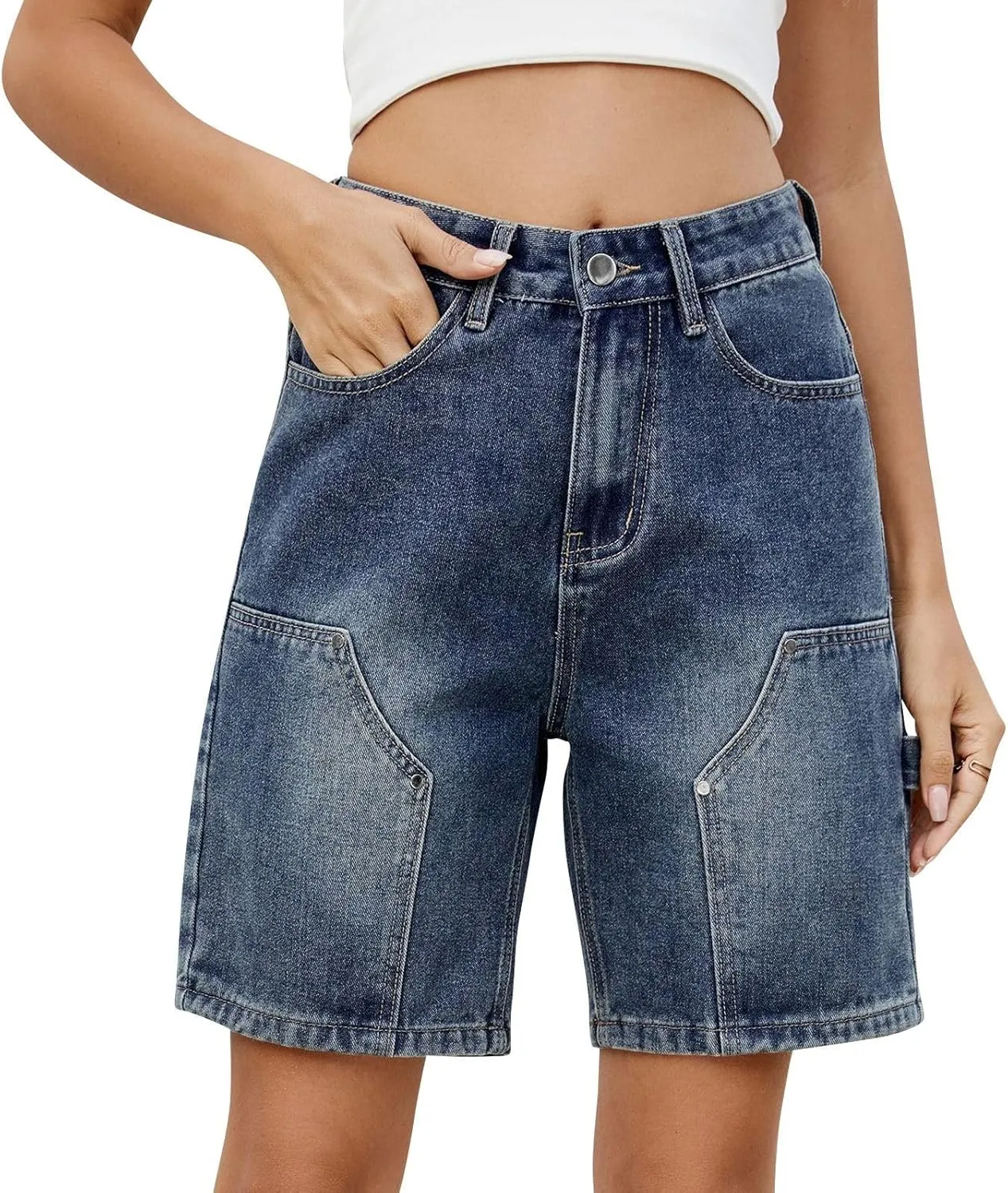 Bermuda Jean Shorts for Women High Waisted Trendy Stretchy Denim Shorts Knee Length Cropped Loose Fit Long Short