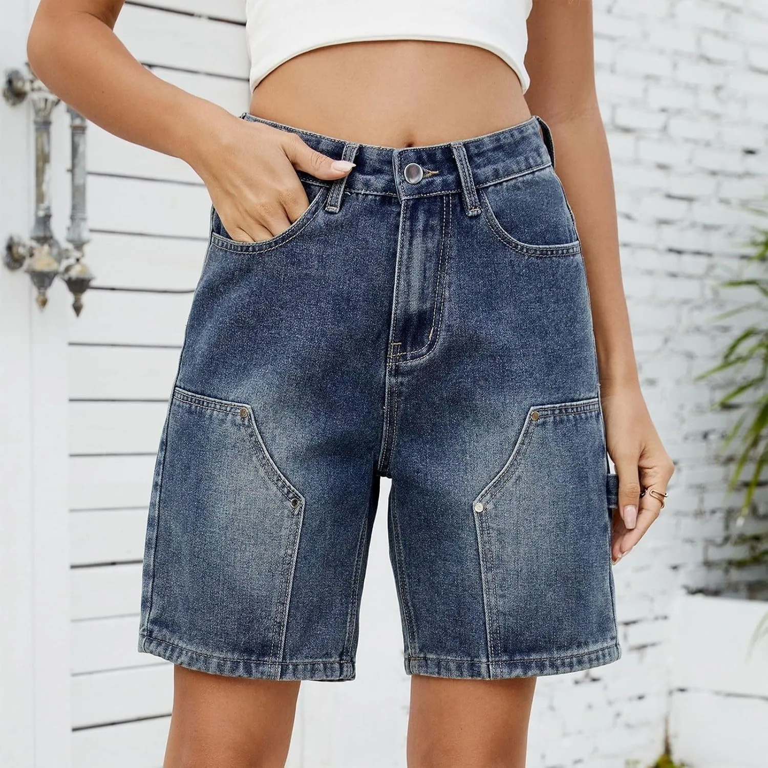 Bermuda Jean Shorts for Women High Waisted Trendy Stretchy Denim Shorts Knee Length Cropped Loose Fit Long Short