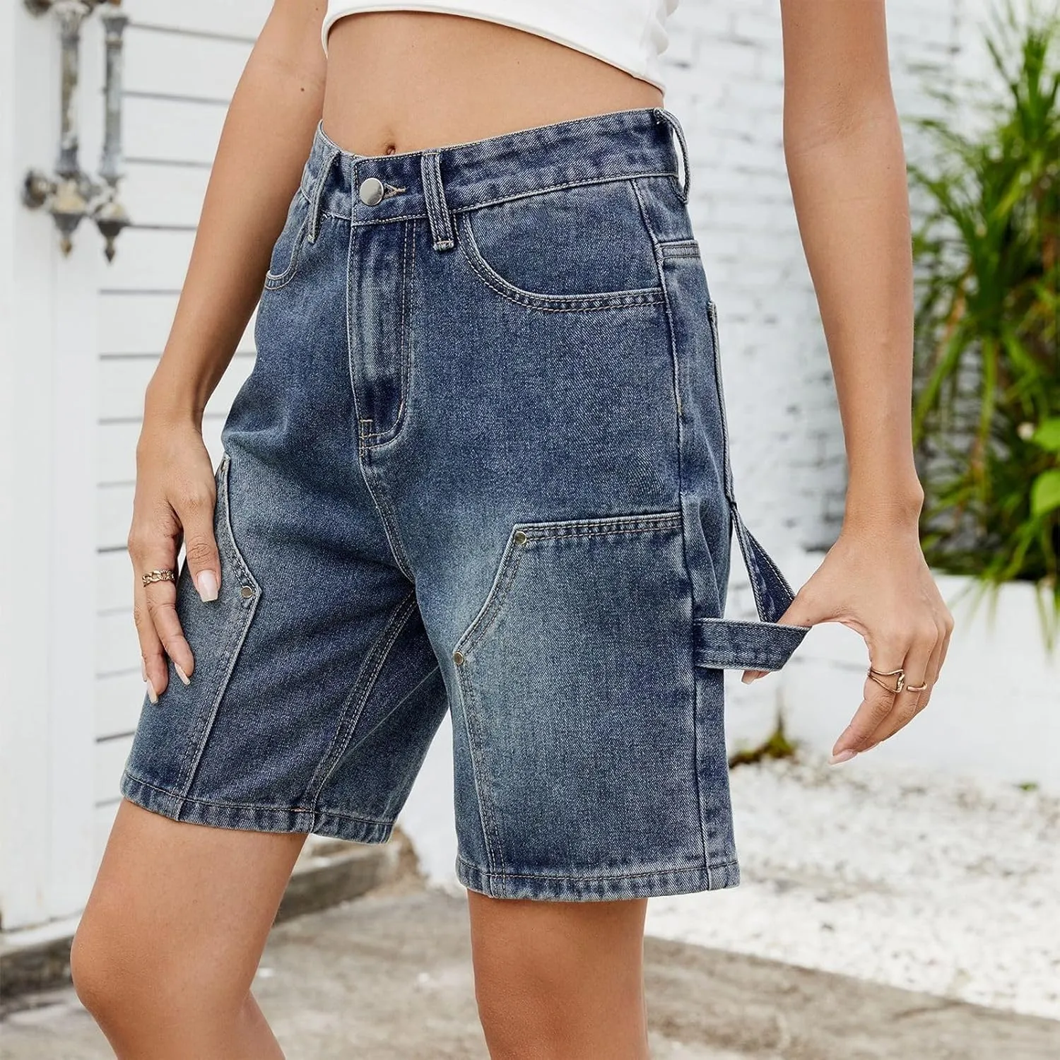 Bermuda Jean Shorts for Women High Waisted Trendy Stretchy Denim Shorts Knee Length Cropped Loose Fit Long Short