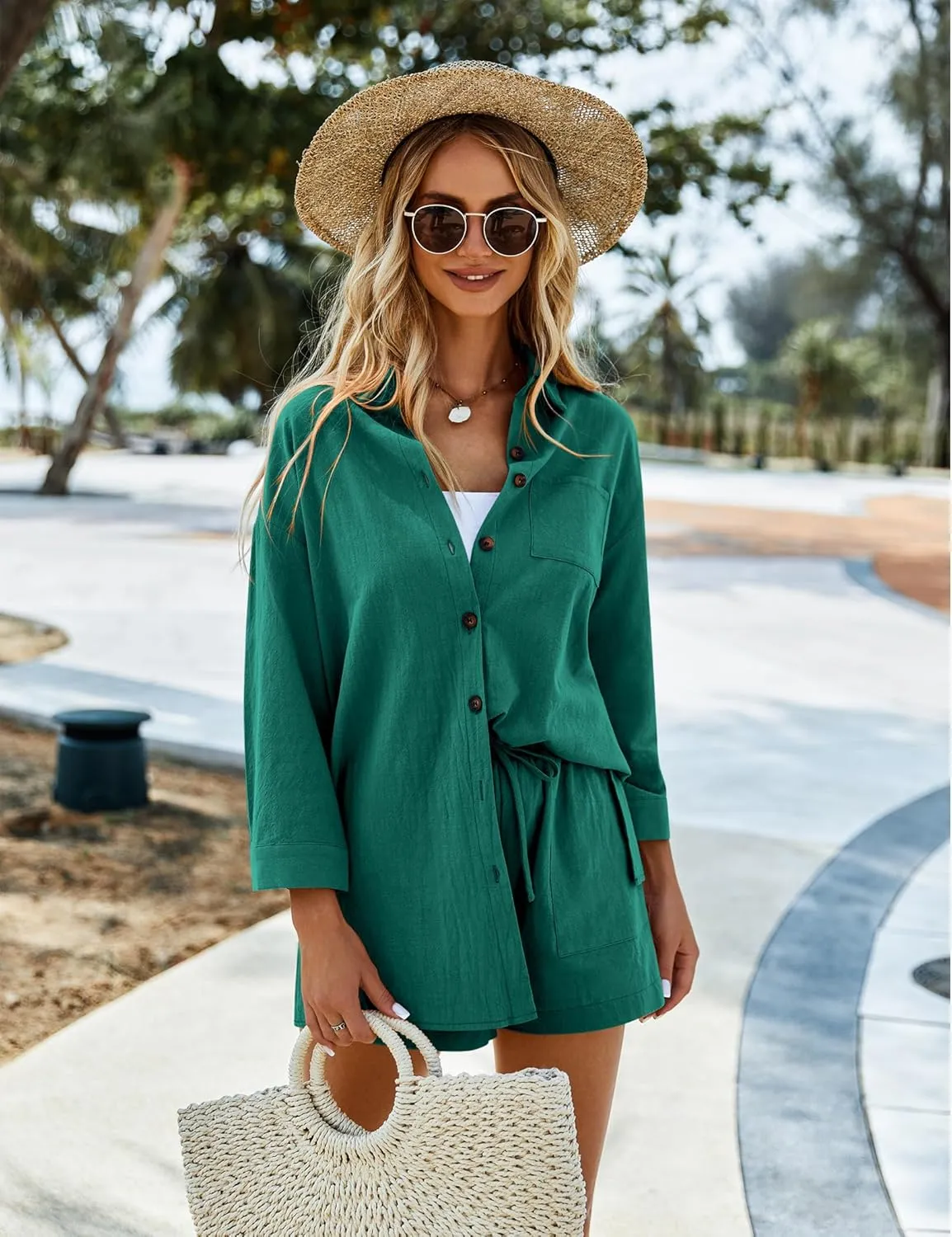 Beyove Women's Cotton Linen Set Casual Tracksuit Button Down 3/4 Sleeve Shirt Drawstring Shorts Pockets 2 Piece Lounge Set
