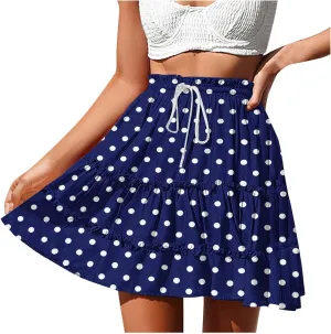 Boho Skirts for Women Summer Casual Elastic High Waist Drawstring Polka Dots Tie-up Flowy Short Mini Skirt