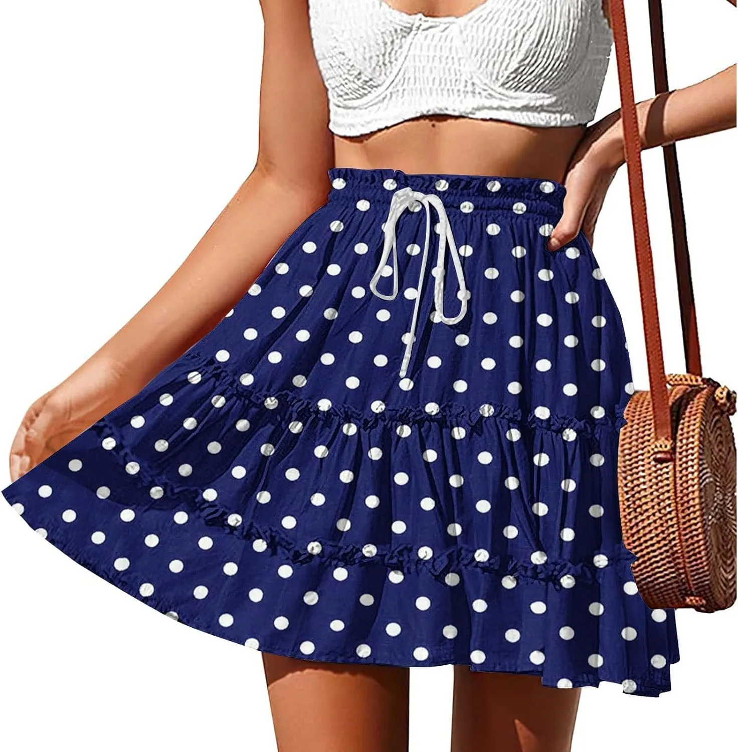Boho Skirts for Women Summer Casual Elastic High Waist Drawstring Polka Dots Tie-up Flowy Short Mini Skirt