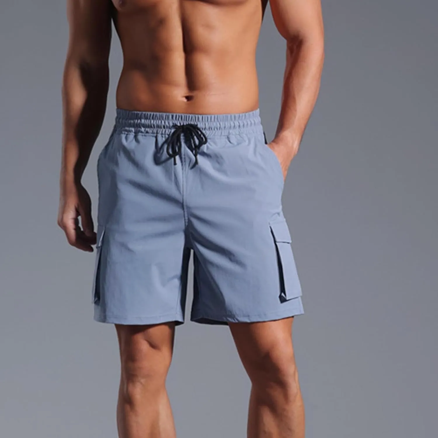 Cargo Shorts for Men Solid Color Elastic Waist Multiple Pockets Cropped Pants Flowy Cotton Comfy Breathable Short